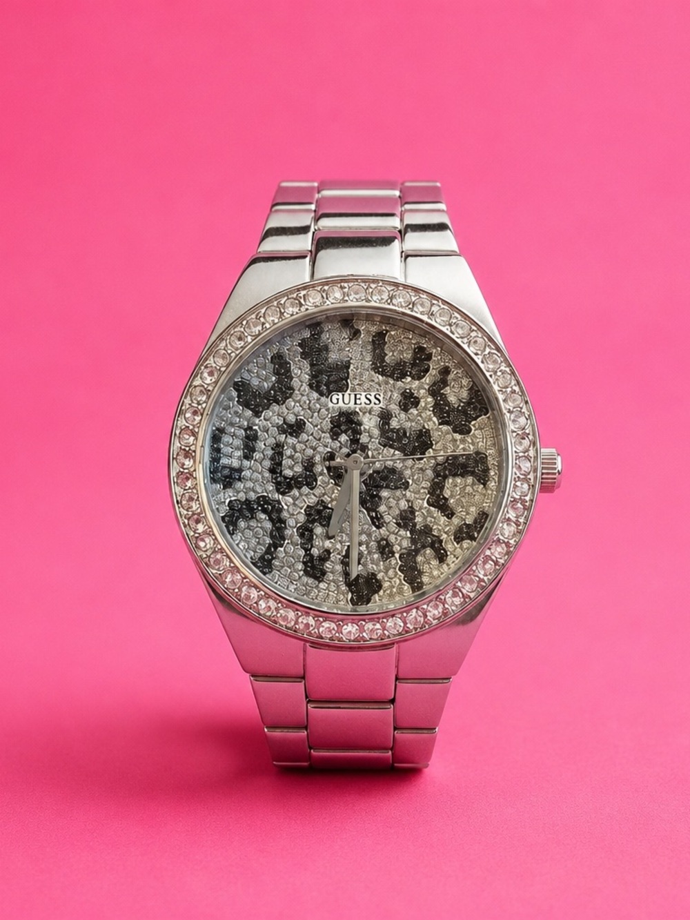 GUESS Silver Crystal Leopard-Print Bracelet Watch
